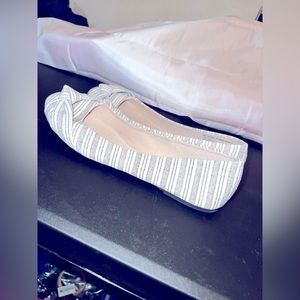 Gray and white stripe loafers. Bow tie top. Dress for success